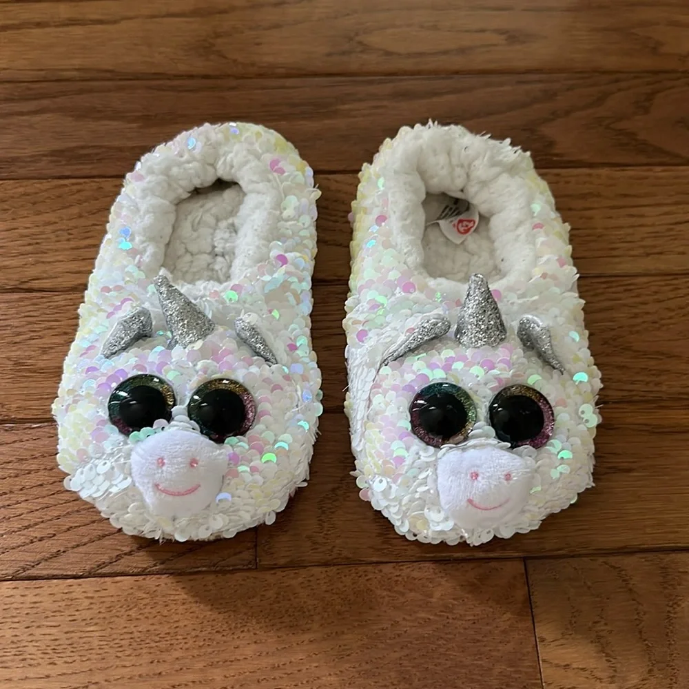 🦄 TY Unicorn Slippers sequins white pink size 11-12-13 youth girls slippers